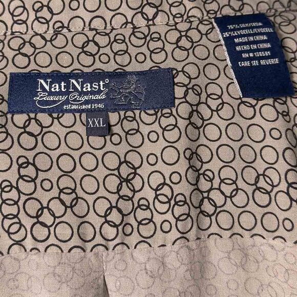 Nat Nast Mens 2XL XXL Silk Blend Short Sleeve Shirt Tan Beige Geometric Pattern - Picture 3 of 9